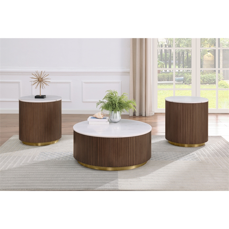 Pemberly Row 3-Piece Round White Marble Coffee Table Set in Honey Brown