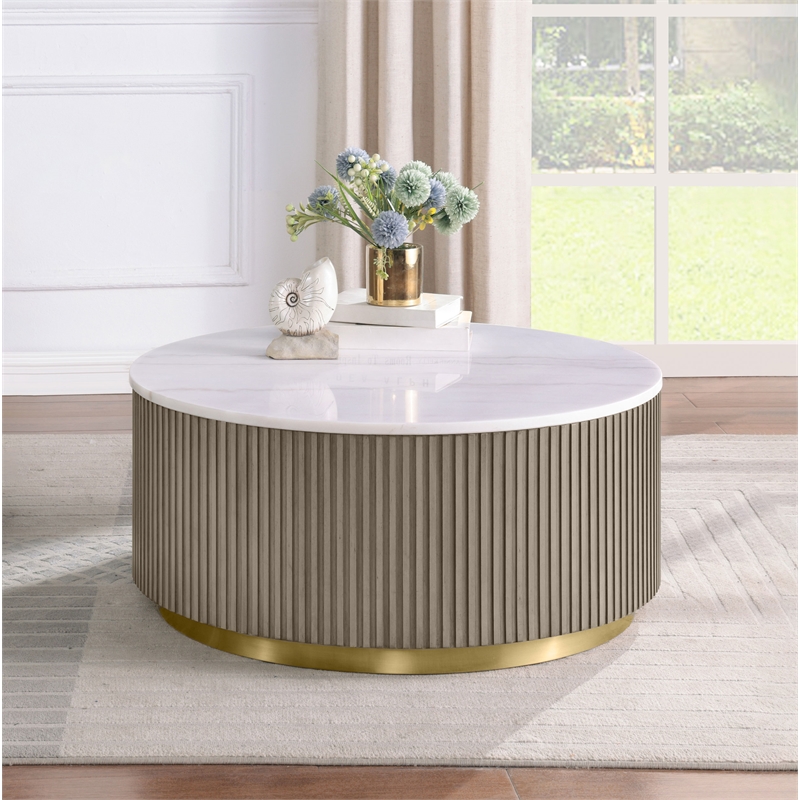 Pemberly Row Round White Marble Top Drum Base Coffee Table in Greige