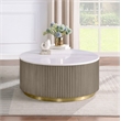 Pemberly Row Round White Marble Top Drum Base Coffee Table in Greige
