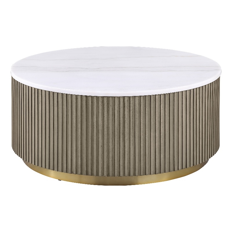 Pemberly Row Round White Marble Top Drum Base Coffee Table in Greige