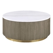 Pemberly Row Round White Marble Top Drum Base Coffee Table in Greige