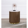 Pemberly Row Round White Marble Top Drum Base Side End Table in Honey Brown