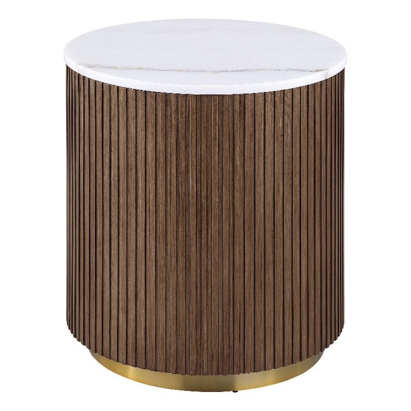 Pemberly Row Round White Marble Top Drum Base Side End Table in Honey Brown
