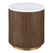 Pemberly Row Round White Marble Top Drum Base Side End Table in Honey Brown