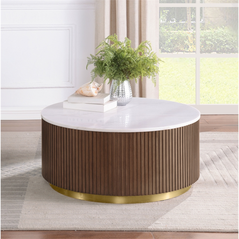 Pemberly Row Round White Marble Top Drum Base Coffee Table in Honey Brown