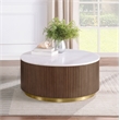 Pemberly Row Round White Marble Top Drum Base Coffee Table in Honey Brown