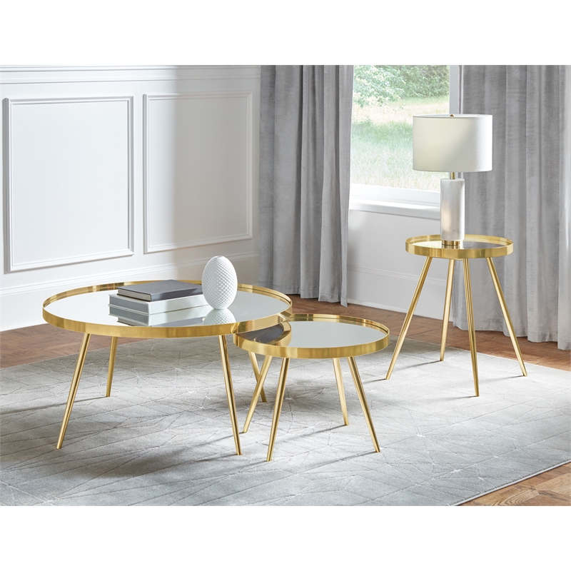 Pemberly Row 3-Piece Round Mirrored Coffee and End Table Set in Gold