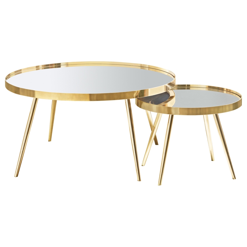 Pemberly Row 3-Piece Round Mirrored Coffee and End Table Set in Gold