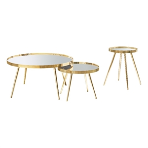 Pemberly Row 3-Piece Round Mirrored Coffee and End Table Set in Gold