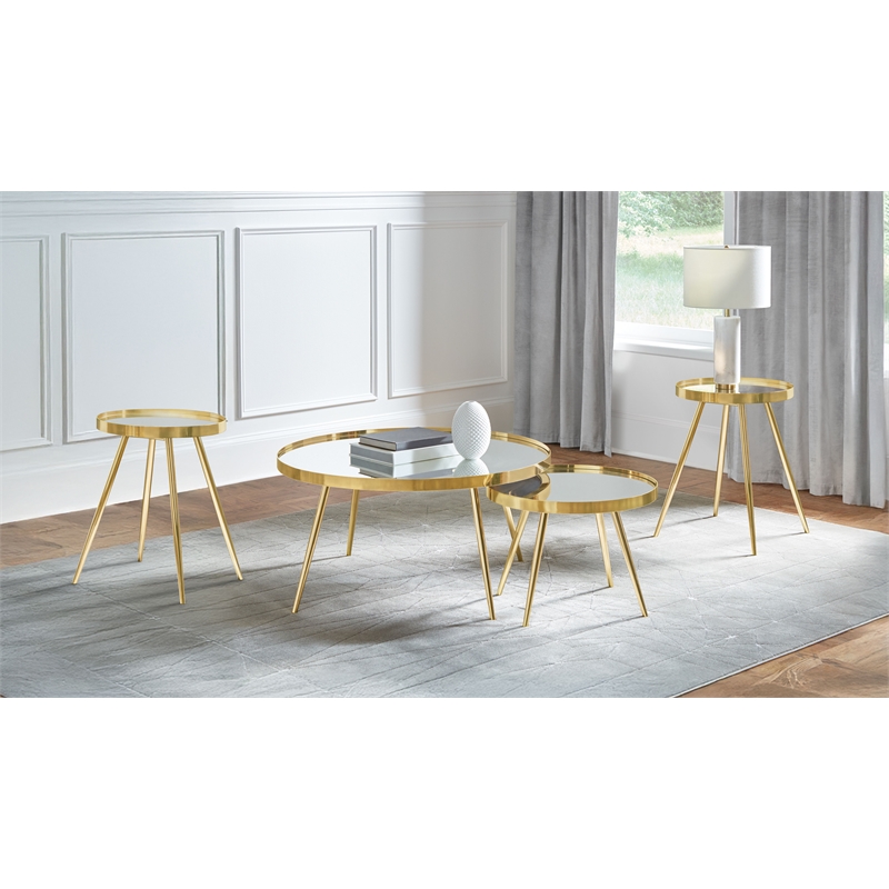 Pemberly Row 4-Piece Round Mirrored Coffee and End Table Set in Gold