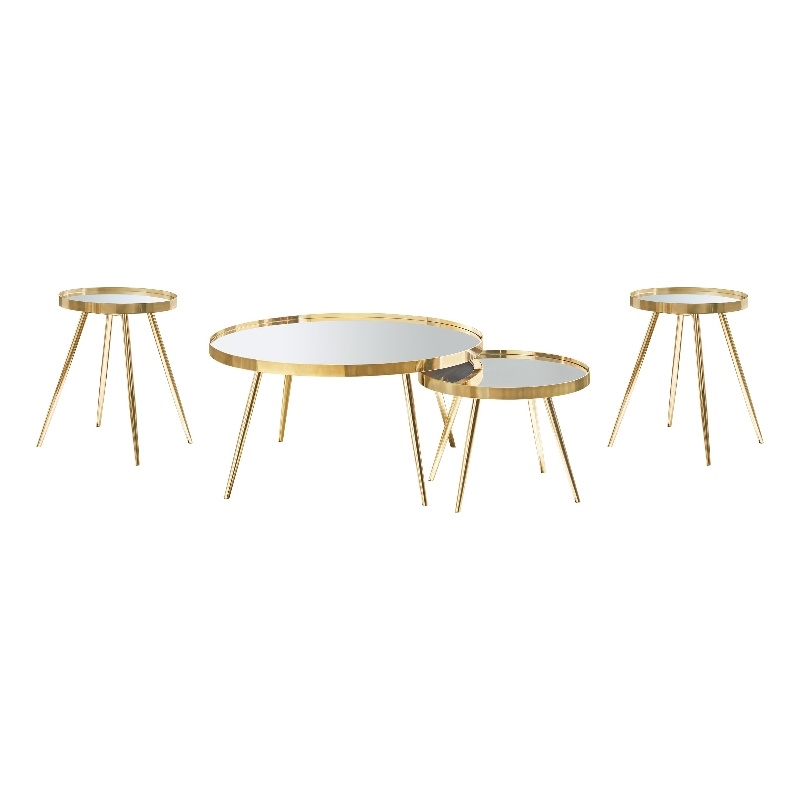Pemberly Row 4-Piece Round Mirrored Coffee and End Table Set in Gold