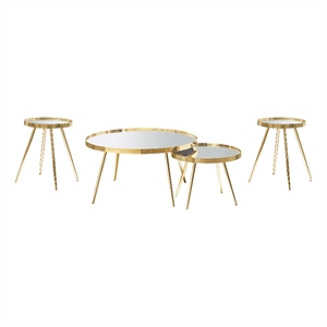 Pemberly Row 4-Piece Round Mirrored Coffee and End Table Set in Gold
