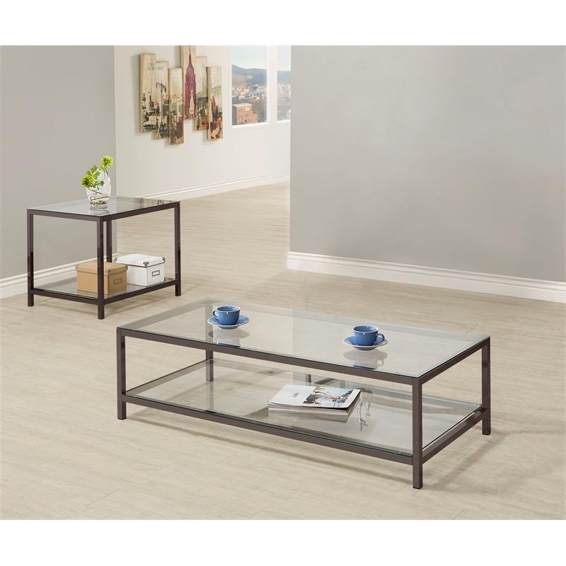 Pemberly Row 2-Piece Glass Top Coffee and End Table Set in Black Nickel