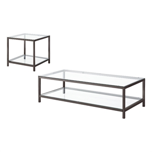 Pemberly Row 2-Piece Glass Top Coffee and End Table Set in Black Nickel