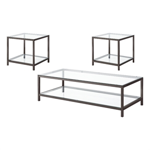 Pemberly Row 3-Piece Glass Top Coffee and End Table Set in Black Nickel
