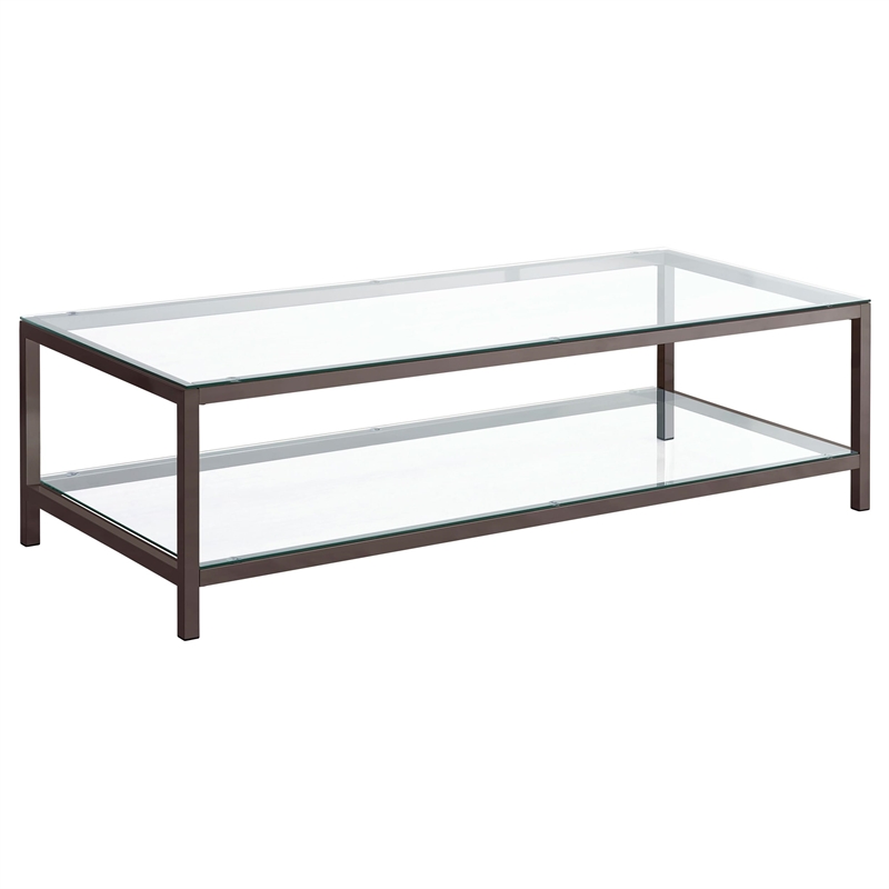 Pemberly Row 1-Shelf Tempered Glass Top Coffee Table in Black Nickel