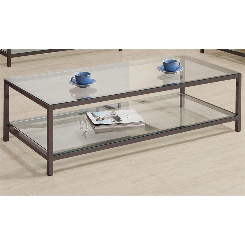 Pemberly Row 1-Shelf Tempered Glass Top Coffee Table in Black Nickel