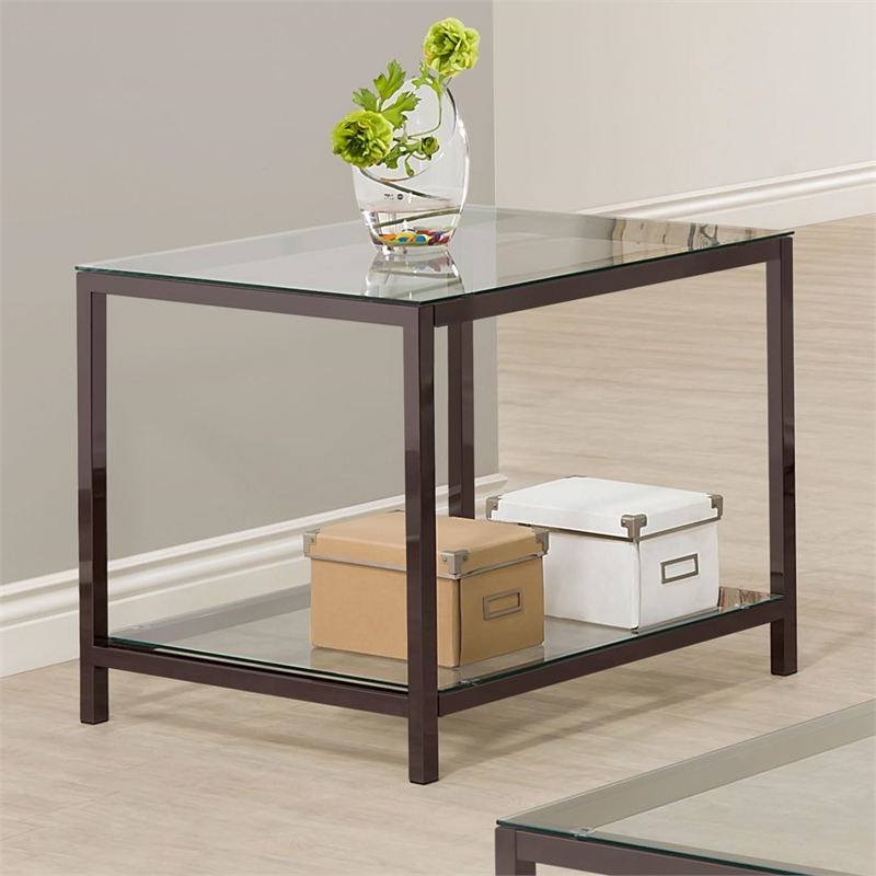 Pemberly Row 1-Shelf Tempered Glass Top Side End Table in Black Nickel
