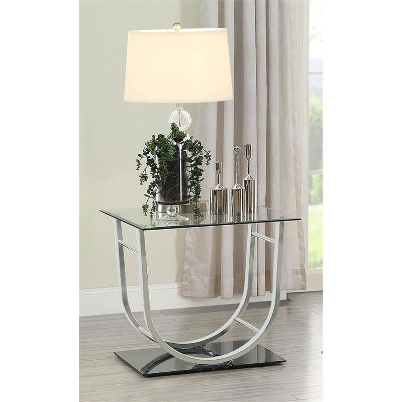 Pemberly Row Square U-Shaped Glass Top Side End Table in Chrome