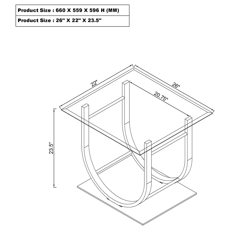 Pemberly Row Square U-Shaped Glass Top Side End Table in Chrome