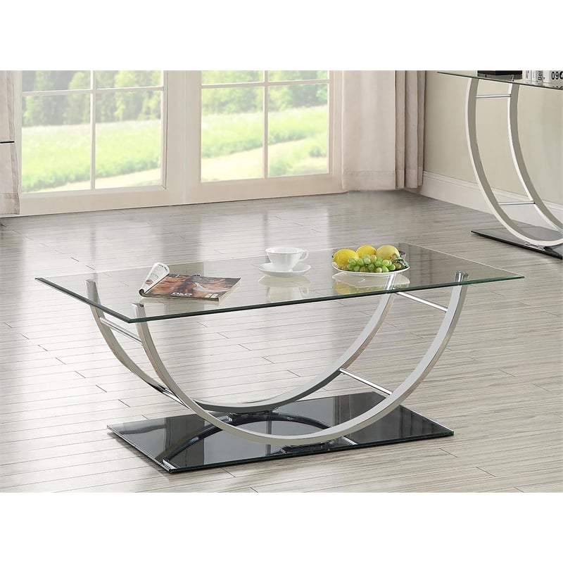 Pemberly Row Rectangular U-Shaped Glass Top Coffee Table in Chrome