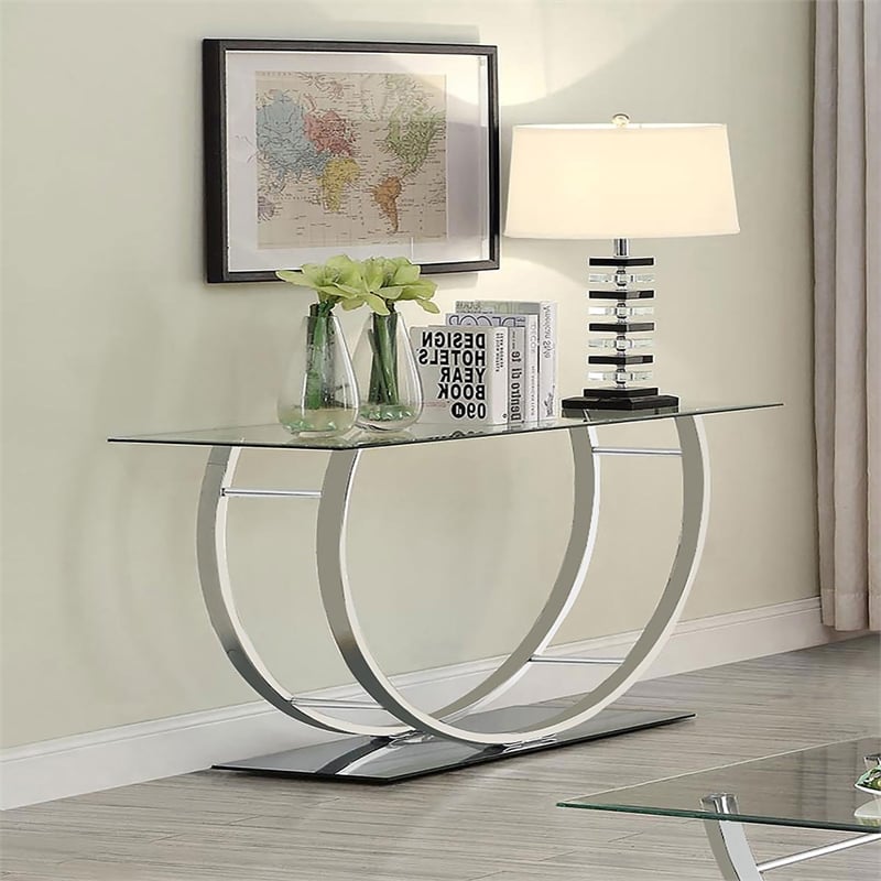 Pemberly Row U-Shaped Glass Top Entryway Console Table in Chrome