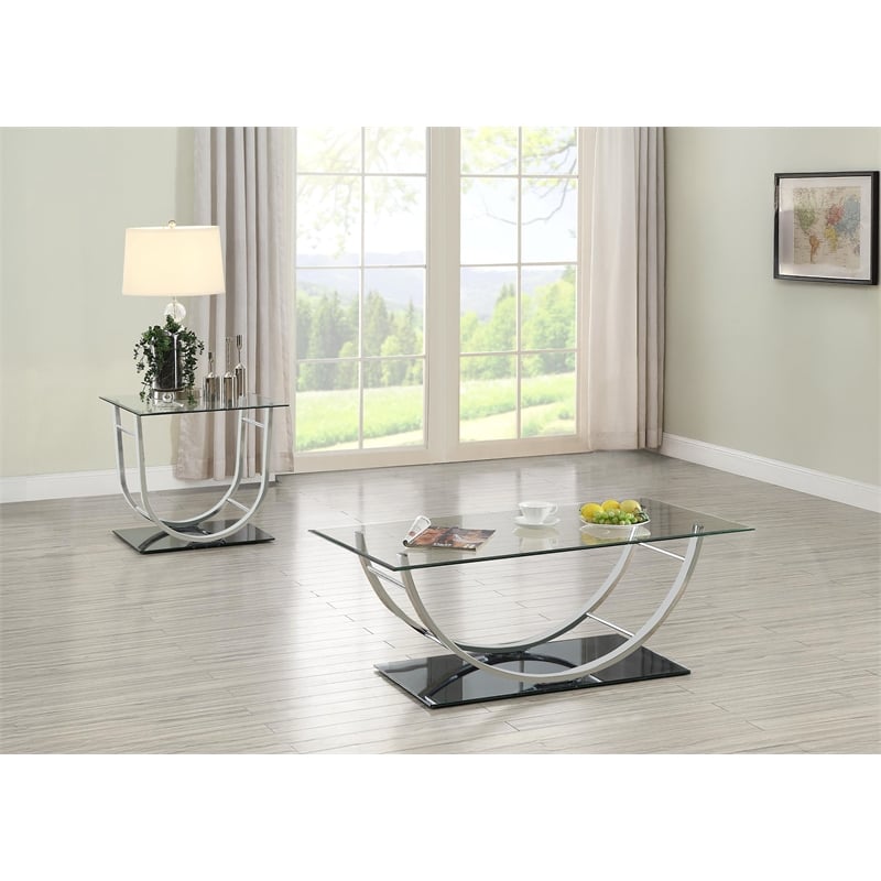 Pemberly Row 2-Piece Glass Top Coffee and End Table Set in Chrome