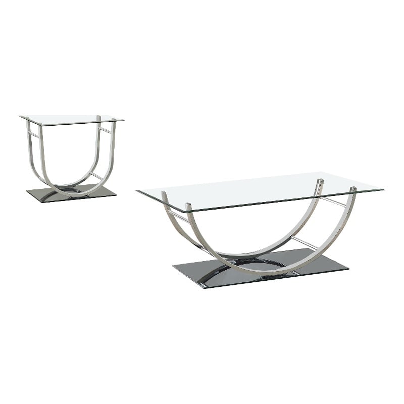 Pemberly Row 2-Piece Glass Top Coffee and End Table Set in Chrome