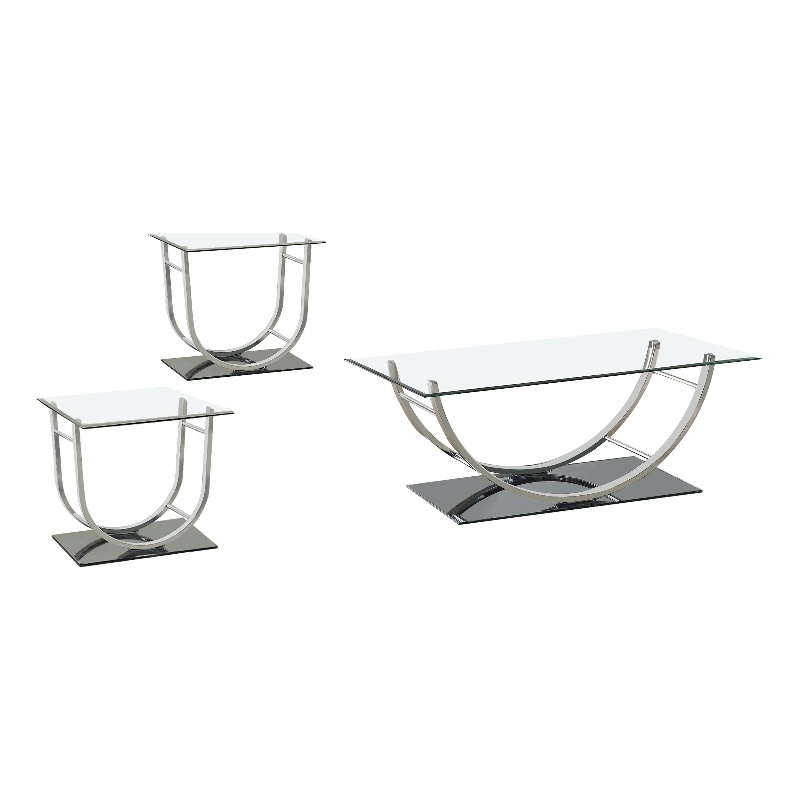Pemberly Row 3-Piece Glass Top Coffee and End Table Set in Chrome
