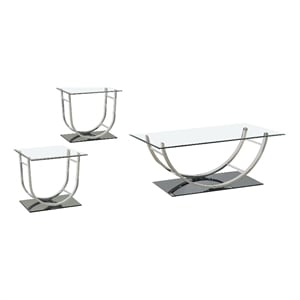 Pemberly Row 3-Piece Glass Top Coffee and End Table Set in Chrome