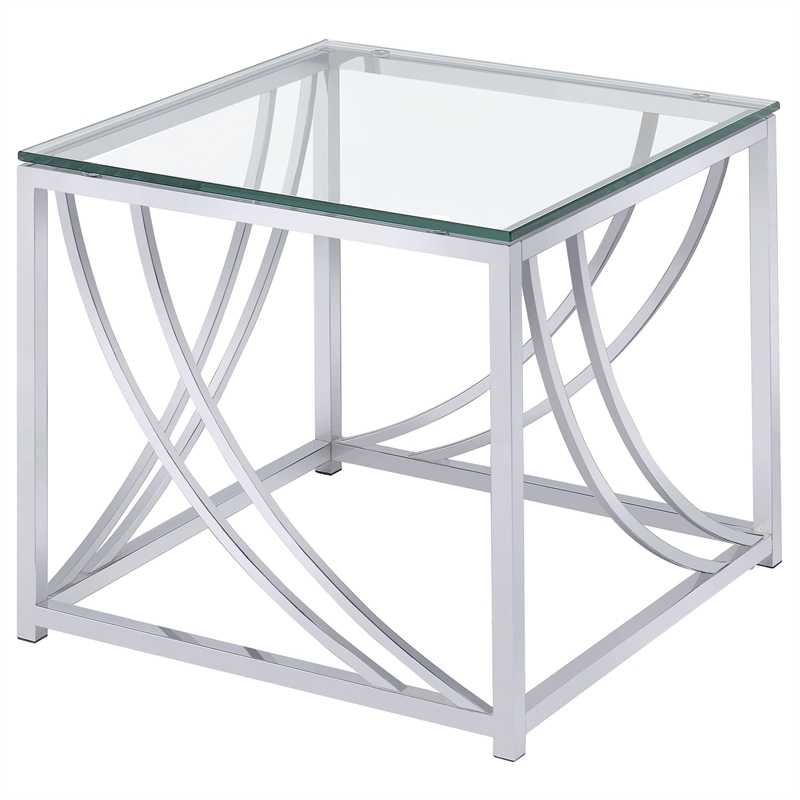 Pemberly Row Square Tempered Glass Top Side End Table in Chrome