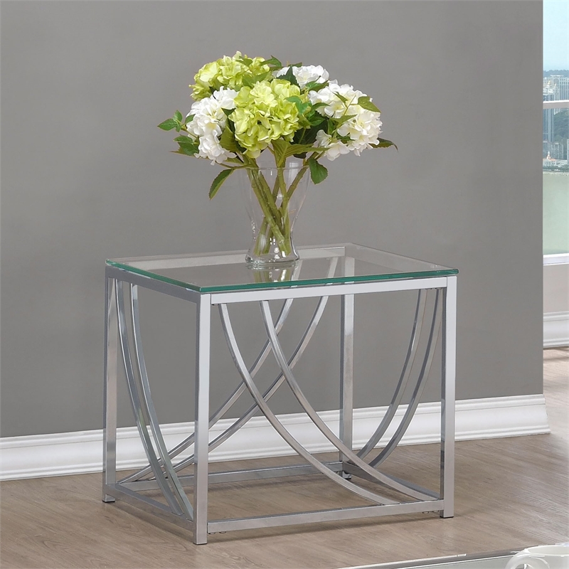 Pemberly Row Square Tempered Glass Top Side End Table in Chrome