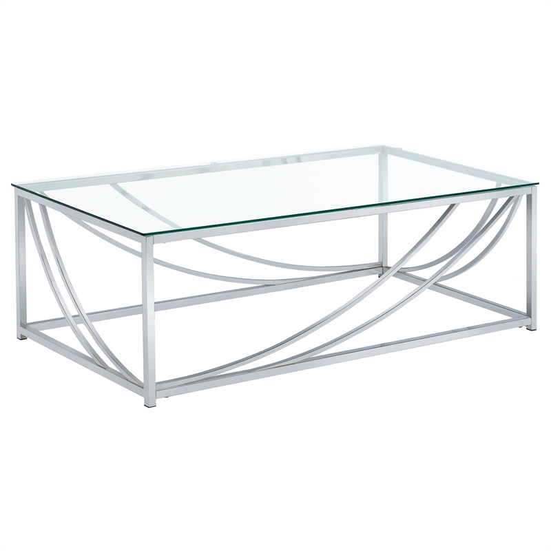Pemberly Row Rectangular Tempered Glass Top Coffee Table in Chrome