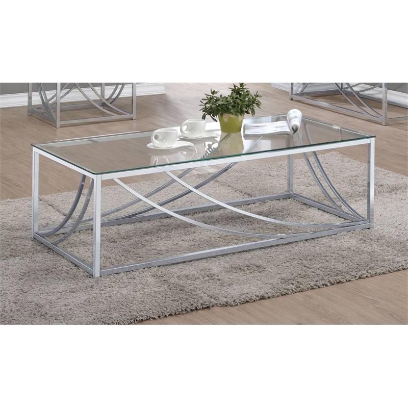 Pemberly Row Rectangular Tempered Glass Top Coffee Table in Chrome