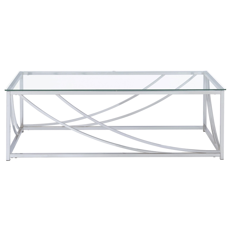 Pemberly Row Rectangular Tempered Glass Top Coffee Table in Chrome