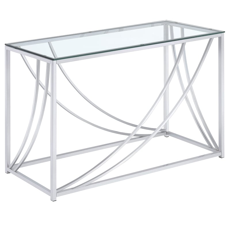 Pemberly Row Glass Top Entryway Console Table with Metal Accents in Chrome