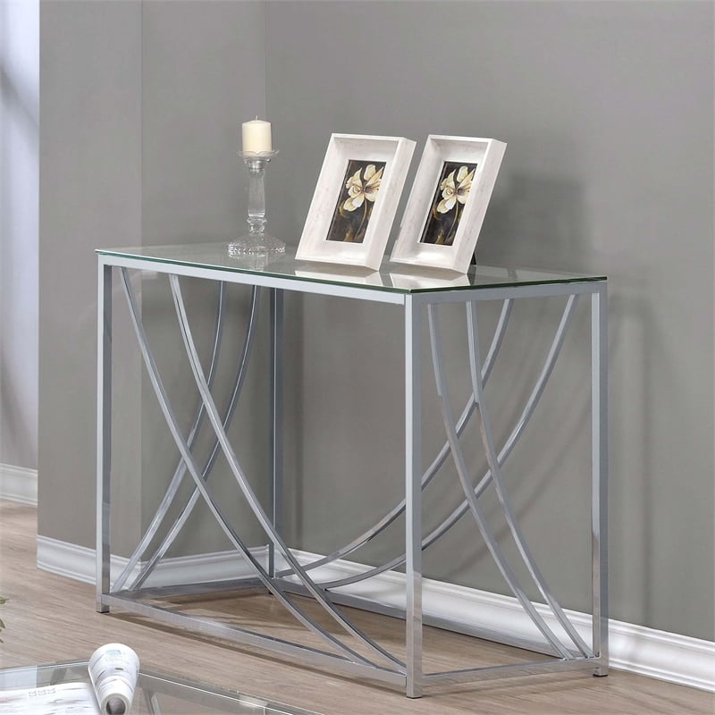 Pemberly Row Glass Top Entryway Console Table with Metal Accents in Chrome