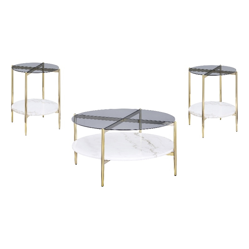 Pemberly Row 3-Piece Round Glass Top Coffee and End Table Set in Gold