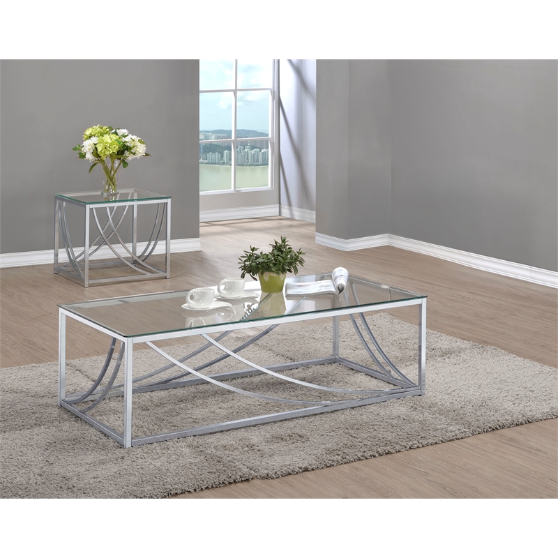 Pemberly Row 2-Piece Glass Top Coffee and End Table Set in Chrome