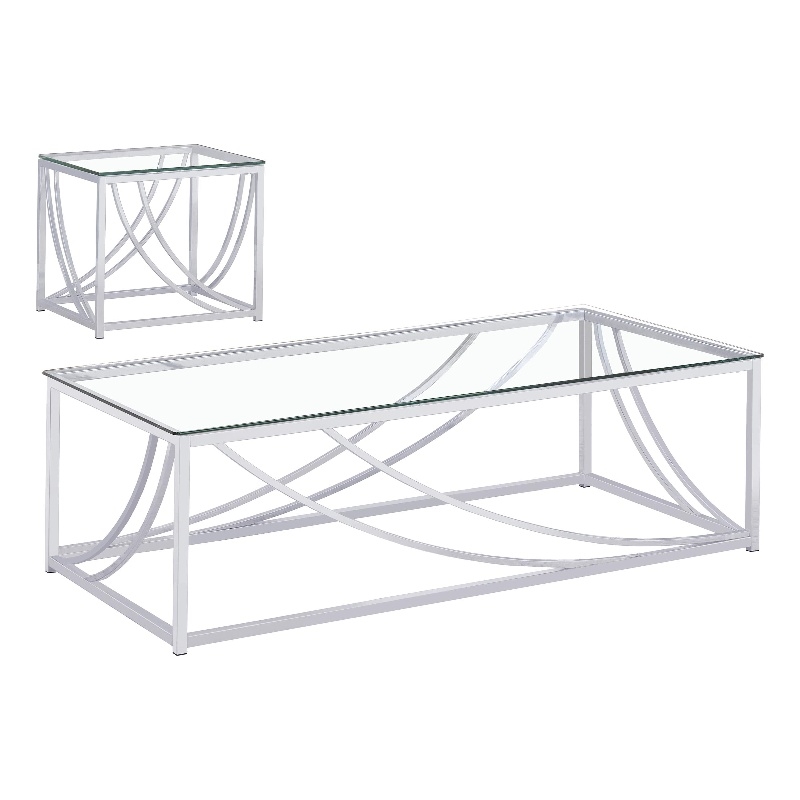 Pemberly Row 2-Piece Glass Top Coffee and End Table Set in Chrome