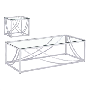 Pemberly Row 2-Piece Glass Top Coffee and End Table Set in Chrome