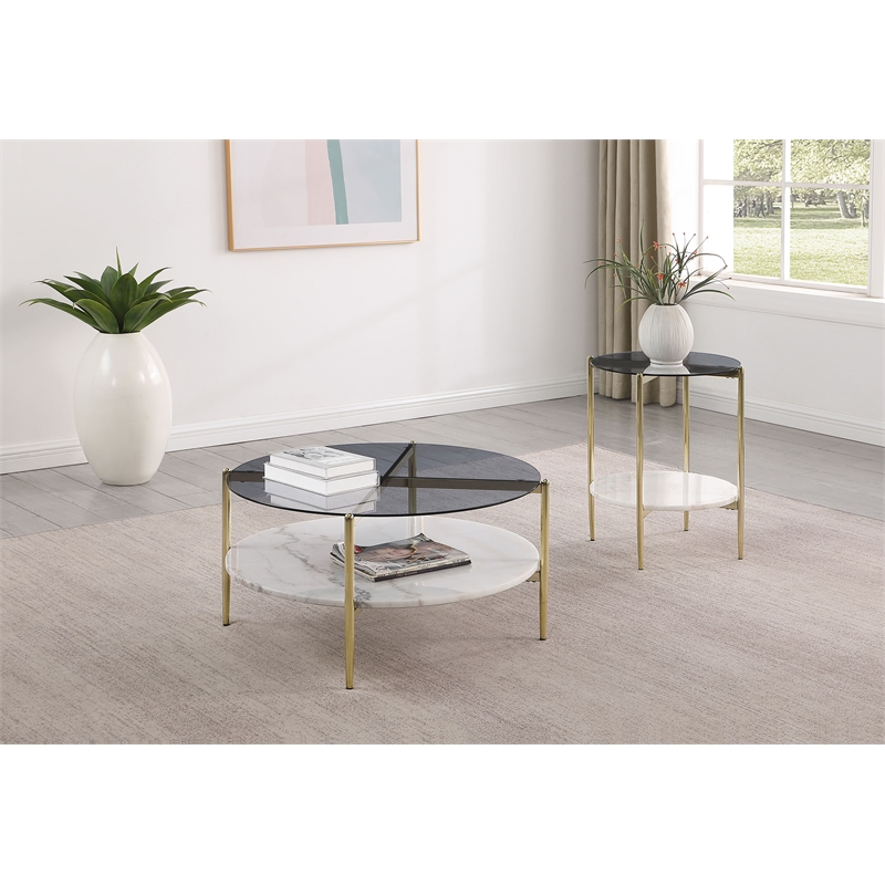 Pemberly Row 2-Piece Round Glass Top Coffee and End Table Set in Gold