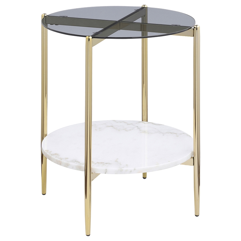 Pemberly Row 2-Piece Round Glass Top Coffee and End Table Set in Gold