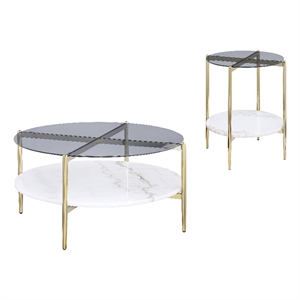 Pemberly Row 2-Piece Round Glass Top Coffee and End Table Set in Gold