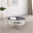 Pemberly Row Round Glass Top Coffee Table with White Marble Shelf in Gold