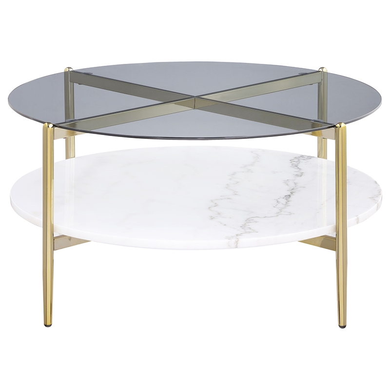 Pemberly Row Round Glass Top Coffee Table with White Marble Shelf in Gold