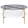 Pemberly Row Round Glass Top Coffee Table with White Marble Shelf in Gold