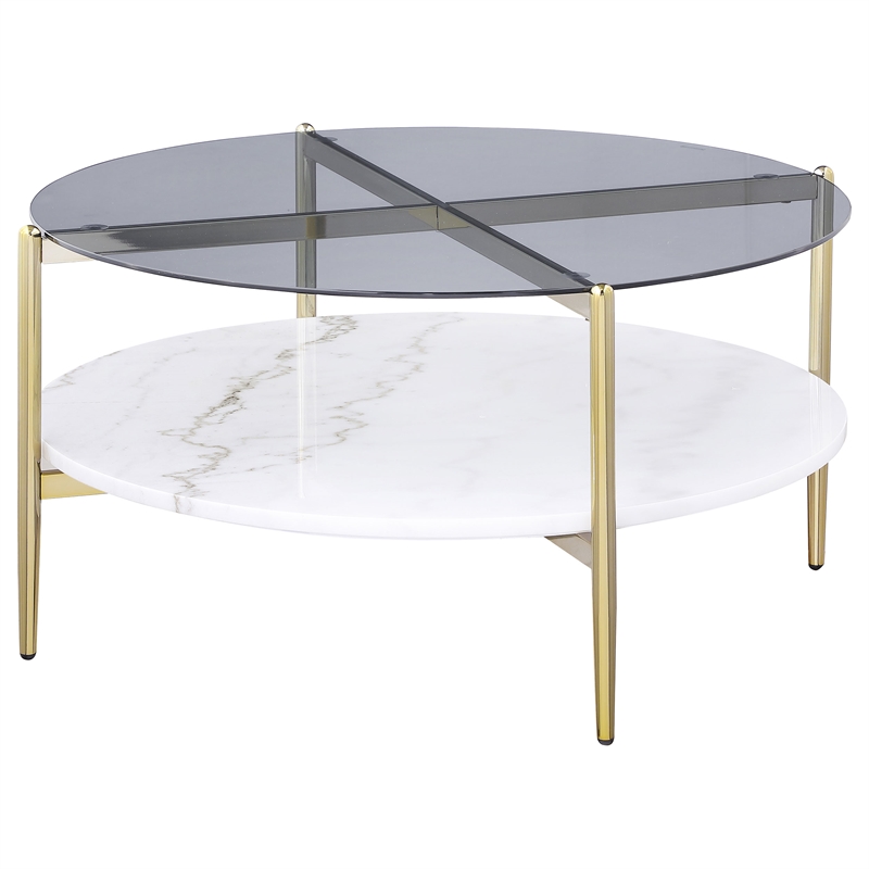 Pemberly Row Round Glass Top Coffee Table with White Marble Shelf in Gold