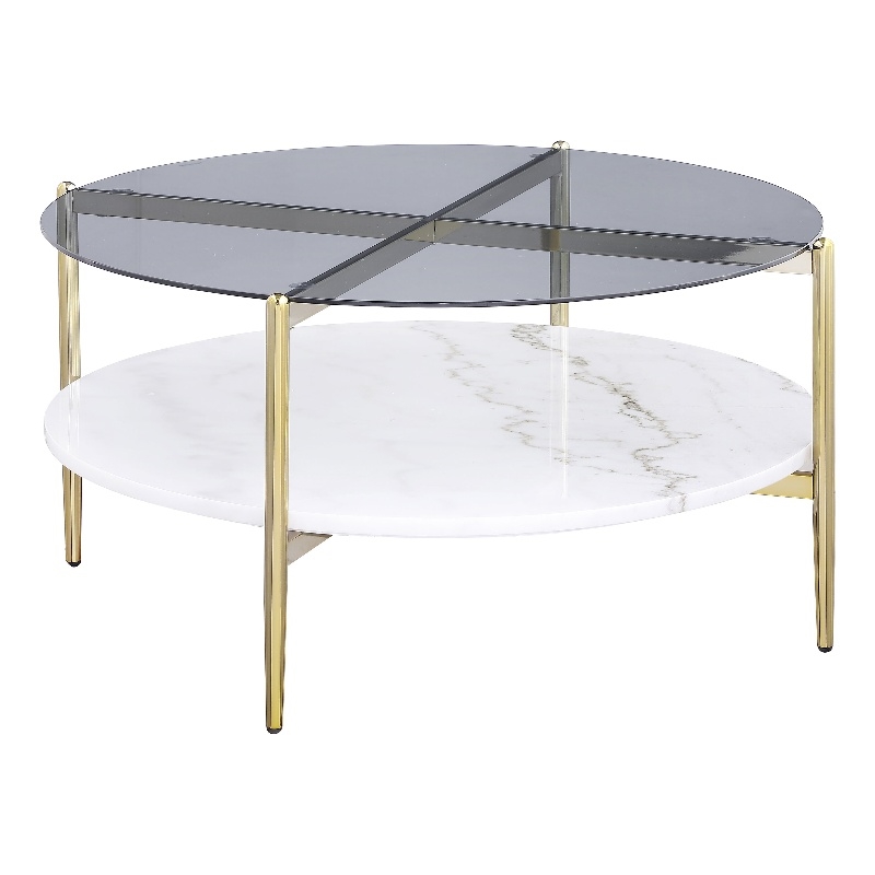 Pemberly Row Round Glass Top Coffee Table with White Marble Shelf in Gold