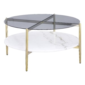 Pemberly Row Round Glass Top Coffee Table with White Marble Shelf in Gold
